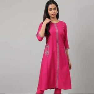 W Kurtis Womens 100% Cotton Indian Pink White Accent Kurti Tunic Top 10 M
